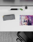 Dreamy pastel pink anime mouse pad 14x10 inches with soft clouds, drifting sakura, calm wistful vibe.