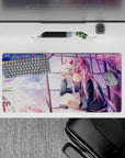 32x16 inches pastel pink sky mouse pad, soft clouds and drifting sakura for a calm wistful vibe.