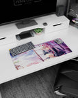 28x12 inches desk mat featuring red-eyed silver-haired schoolgirl holding a fox mask amid falling cherry blossoms.