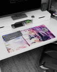32x16 inches desk mat featuring red-eyed silver-haired schoolgirl holding a fox mask amid falling petals.