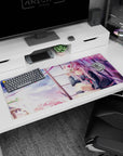 36x16 inches anime desk pad showing red-eyed schoolgirl holding a fox mask by a window, petals falling.
