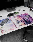 40x20 inches desk pad showing red-eyed silver-haired schoolgirl holding a fox mask by a cozy window.