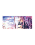28x12 inches anime girl mouse pad with silver-haired schoolgirl, fox mask, sakura petals, window frame.
