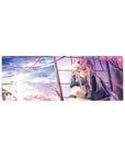 32x12 inches anime girl mouse pad with silver-haired schoolgirl, fox mask, sakura petals, window scene.