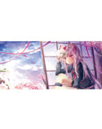 36x16 inches anime girl desk pad with silver-haired schoolgirl, fox mask, sakura petals, window scene.
