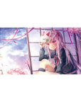 40x20 inches anime girl desk pad with silver-haired schoolgirl, fox mask, sakura petals and window frame.
