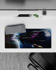 Midnight-blue and violet nebula mouse pad, 28x12 inches, dark charcoal tones with glowing purple lines.