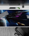 Midnight-blue nebula desk pad 40x20 inches with violet glow, tiny stars, dark charcoal, moody feel.