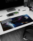 Sleek starship slicing through a starry nebula scene on desk pad, 36x16 inches.