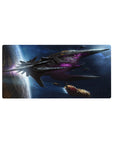 Sci-fi starship nebula desk mouse pad 32x16 inches with sharp angles and cockpit-style details.