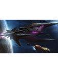 Sci-fi starship desk pad 40x20 inches with sharp cockpit-style panels and neon purple accents.