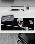 32x12 inches anime mouse pad in deep blacks and smoky grays, with electric blue Karma marks glowing.
