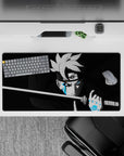32x16 inches anime mouse pad in deep blacks and smoky grays with glowing electric blue Karma marks.