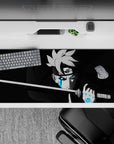 36x16 inches anime desk pad in deep blacks and smoky grays with glowing electric blue Karma accents.