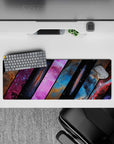 Midnight black, dreamy blues, and hot pink nebula mood mouse pad, 32x12 inches, calm cosmic vibe.