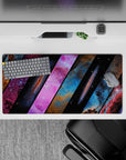 Midnight black, dreamy blue, and hot pink cosmic clouds mouse pad, 32x16 inches, calm busy space vibe.