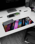 Deep-space scene with angled shutters, pink clouds, and scattered stars mouse pad, 32x12 inches.