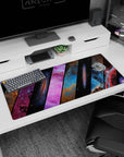Deep space scene desk pad, 36x16 inches, featuring sliced nebula panels and peppered starfield.