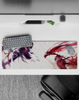 32x12 inches anime mouse pad in cool indigo shadows vs blood-red energy streaks, intense mood.