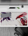 32x16 inches anime mouse pad in stark white, deep indigo, and blood red, high-contrast dramatic desk art.