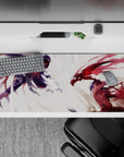 36x16 inches anime desk pad in cool indigo shadows vs blood-red energy, intense dramatic battle mood.