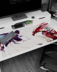 40x20 inches anime desk pad showing hooded blade fighter clashing with red-winged rival with glowing eye.