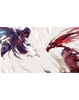 Anime desk pad 40x20 inches with two airborne rivals colliding under a white storm, clean composition.