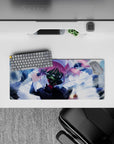 Stormy blue haze anime girl mouse pad 28x12 inches, pink hair and metallic shine, chaotic-cute mood.