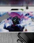 40x20 inches anime desk pad in stormy blue haze with pink and metallic shine, edgy cute mood.