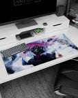 Pink-haired maid in a glossy gas mask anime desk pad 36x16 inches, metallic shine in blue mist.