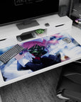40x20 inches desk pad showing a pink-haired anime maid in ruffles wearing a shiny gas mask in fog.