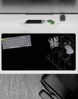 32x16 inches dark otaku mouse pad in black and white, neon red eyes, gritty sketch street vibe.