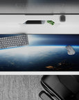 Calm moody navy and icy blue desk pad 36x16 inches with soft sunrise glow for a dreamy workspace.