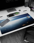 Clouds-from-above sunrise scene desk pad 40x20 inches featuring a small space station in the corner.