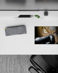 Dark, high-contrast anime mouse pad 14x10 inches in deep shadows with sharp steel highlights and tense mood.