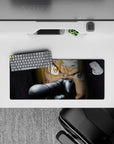 28x12 inches anime mouse pad in deep shadows and sharp highlights, cold steel tones and tense cinematic mood.