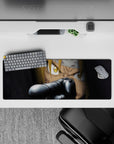 32x12 inches anime mouse pad in deep shadows and sharp steel highlights, gritty tense cinematic mood.