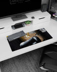 28x12 inches anime mouse pad showing blond hair over fierce gold eyes, scratches and grime, gun barrel close-up.