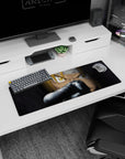 32x12 inches anime mouse pad featuring blond hair over fierce gold eyes, scratched face, gun aimed at viewer.