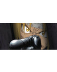 36x16 inches anime desk pad with close-up blonde fighter, gold eyes, and gun barrel in foreground.