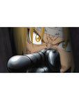 Anime desk pad 40x20 inches with close-up blond shooter, gold eyes, and gun barrel foreground.