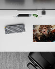 Anime girl mouse pad 14x10 inches in smoky browns and stormy grays, brass accents, wicked red specks.