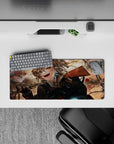 28x12 inches anime desk pad in smoky browns and stormy grays, brass bullets and red specks, dark vibe.