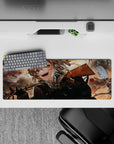 32x12 inches anime mouse pad in smoky browns and stormy grays, black straps, gold hair glow, dark vibe.