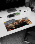 28x12 inches mouse pad featuring Tanya Degurechaff grinning wide, black jacket straps, glowing golden hair.