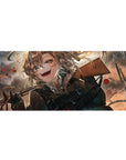 Anime girl desk pad 36x16 inches with Tanya in battlefield chaos, bullets and smoke, smooth gaming surface.