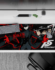 Anime mouse pad featuring Joker from Persona series, size 36x16 inches, with deep blacks, red streaks, and geometric stars.
