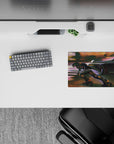 Anime mouse pad 14x10 inches in warm orange glow and cool purple shadows, fast cinematic night vibe.