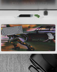 32x16 inches anime mouse pad in neon dusk tones, warm orange glow and cool purple shadows.