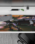 Neon orange and purple anime desk pad 36x16 inches with motion blur, fast cinematic night vibe.